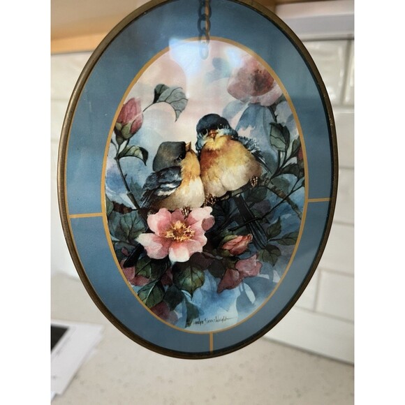 Vtg Via Vermont Bluebirds Glass Art Suncatcher Oval Metal Gold Tone Frame 1994 - Picture 2 of 5